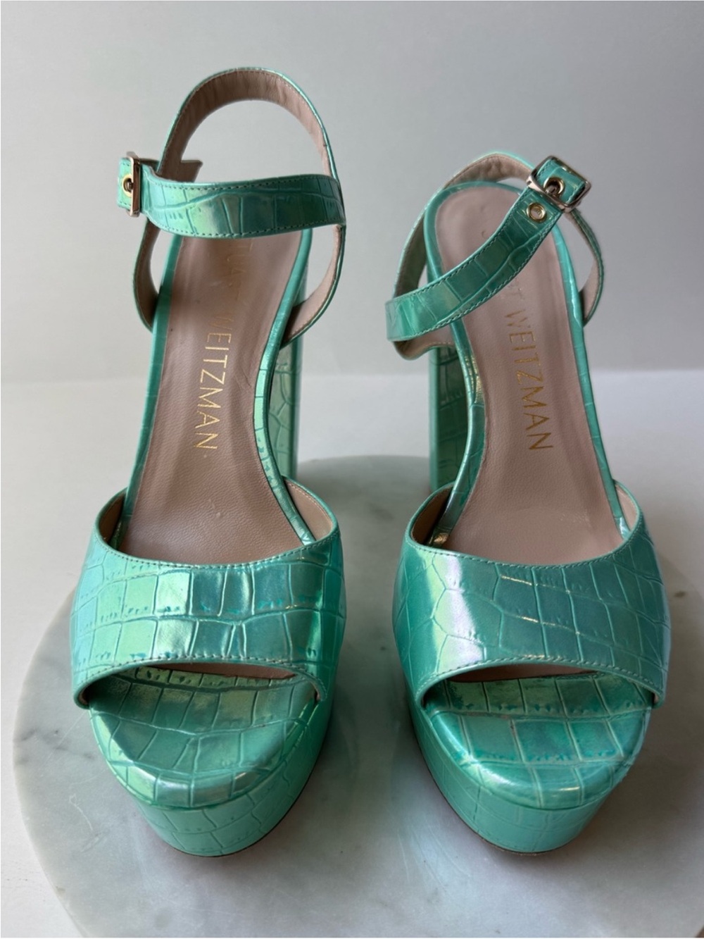 Stuart Weitzman Ryder Aqua Croc-Embossed Platform Sandals